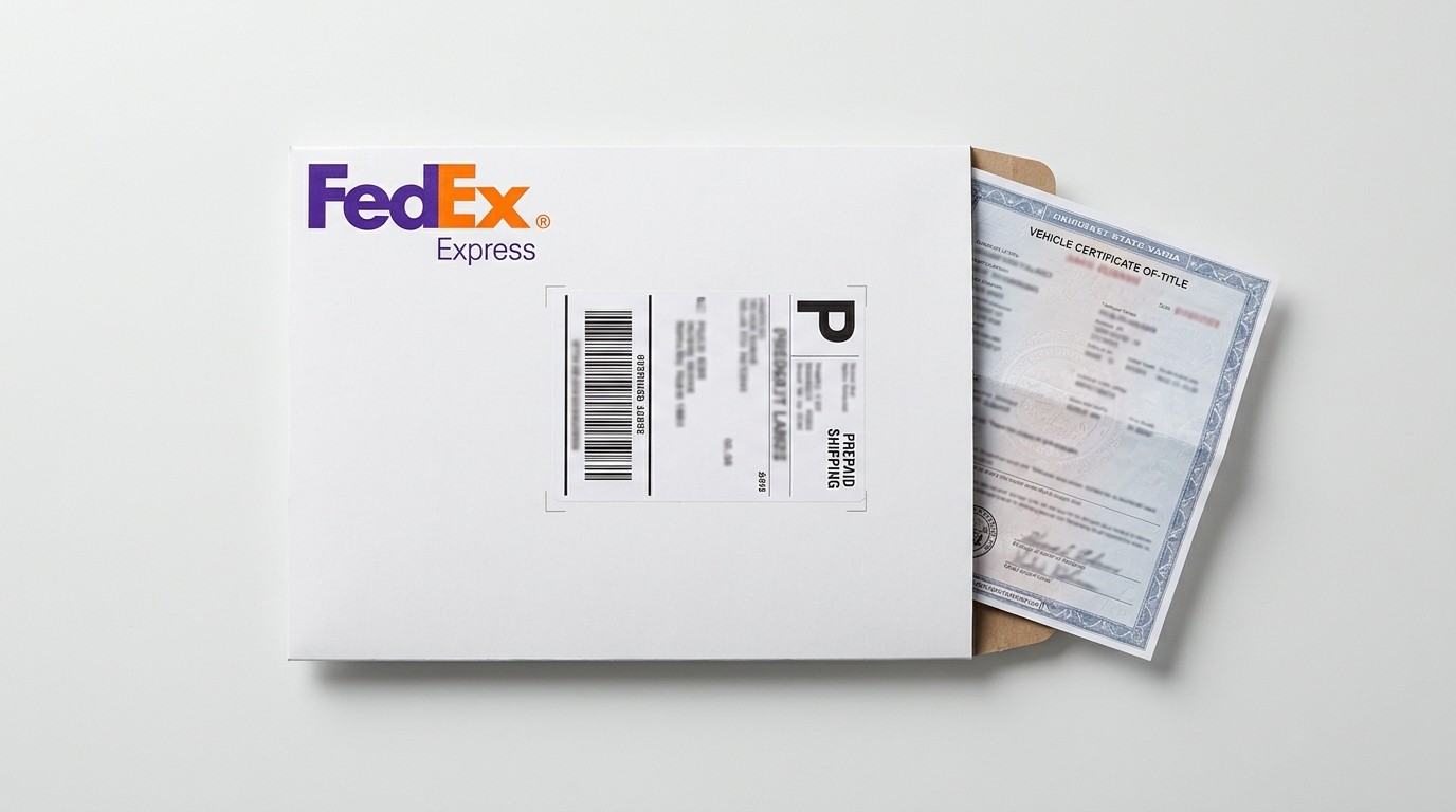 FedEx overnight envelope with prepaid label and vehicle title