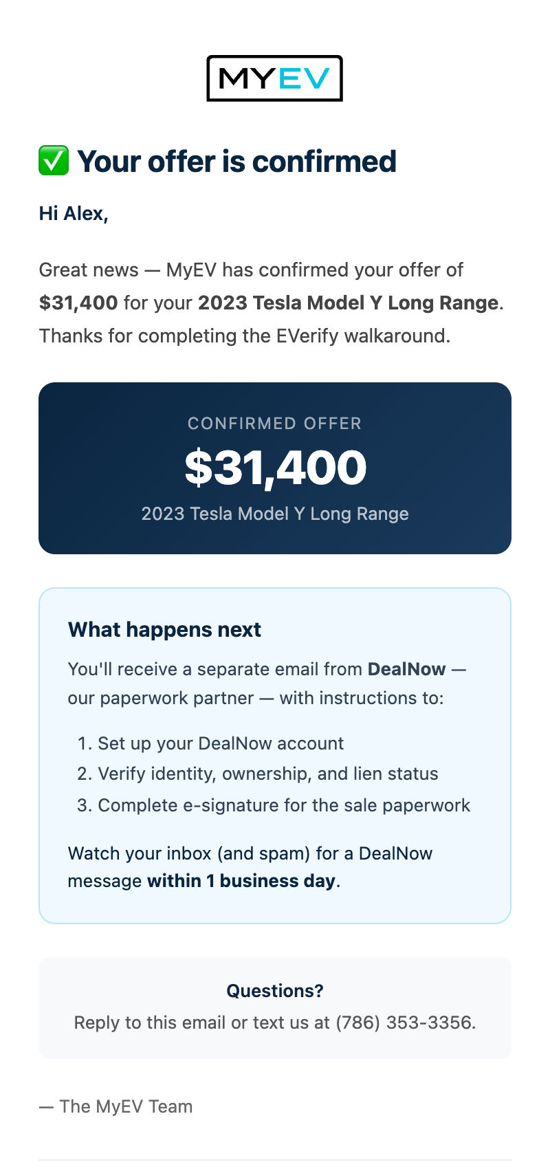 The actual offer-confirmed email from MyEV