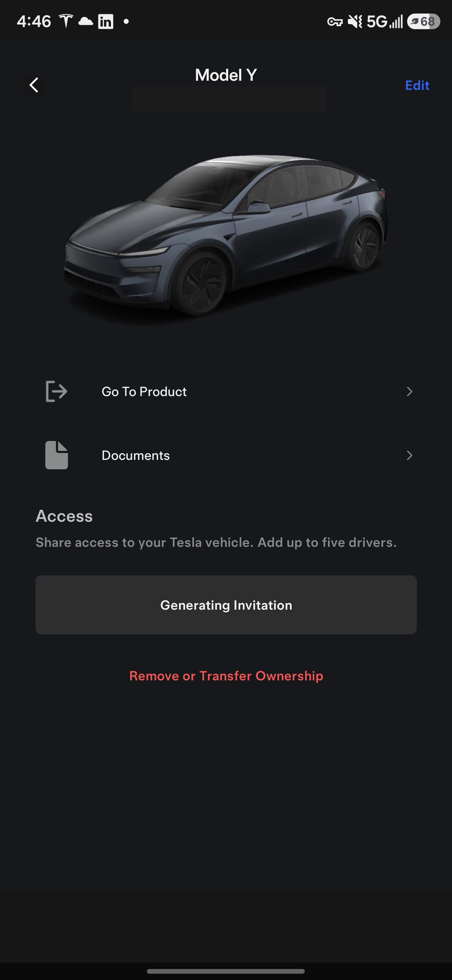 Tesla app screen showing Remove or Transfer Ownership