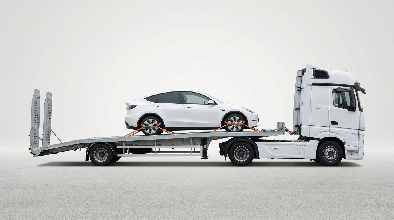 Auto transport truck carrying a white Tesla Model Y